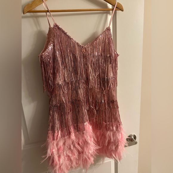 Women’s pink sequin fringe & feather party dress. Great condition. Barbi… - Picture 3 of 8